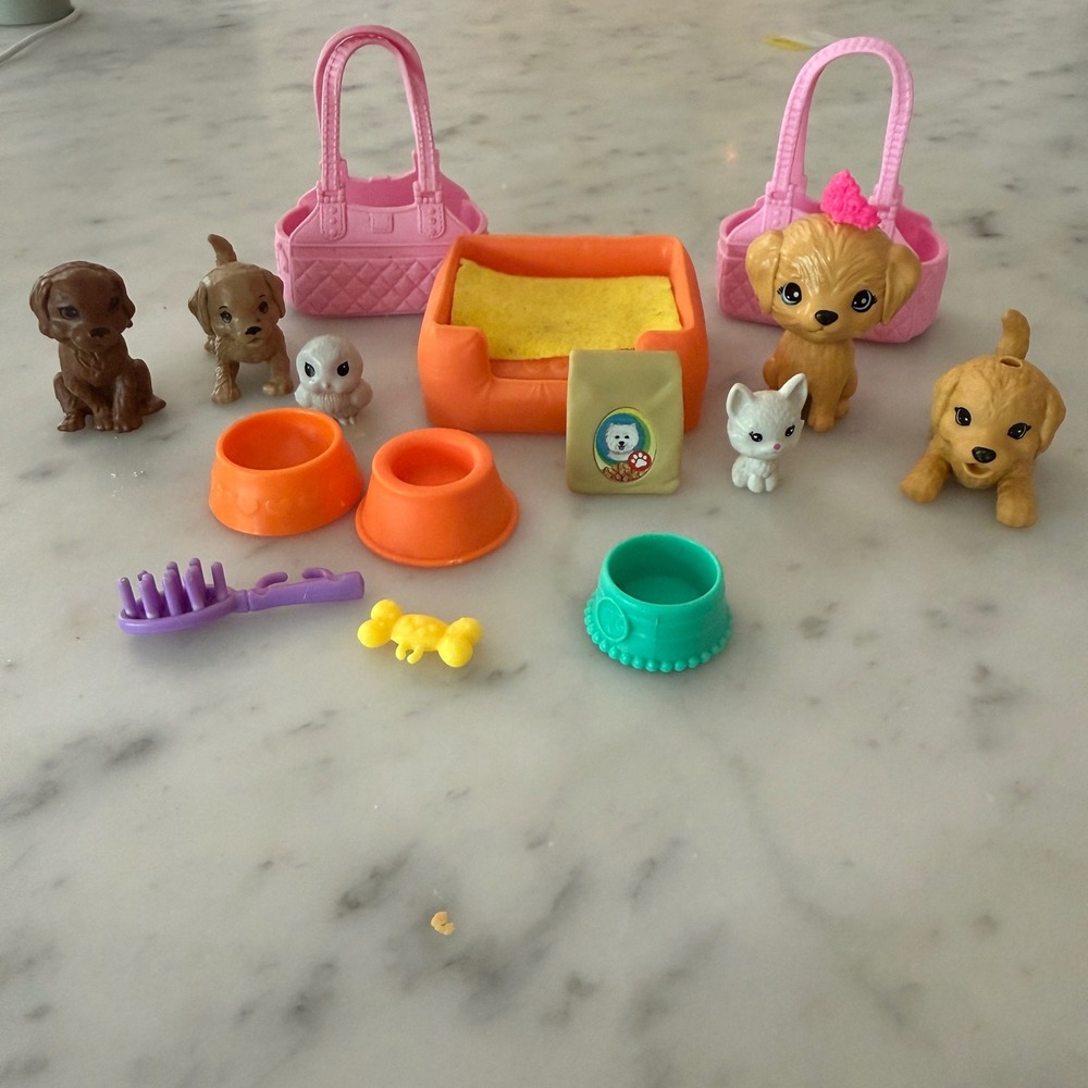 Barbie Pet Playset Accessories Lot Puppies Kitten Owl Carriers Bed Bowls 15pc